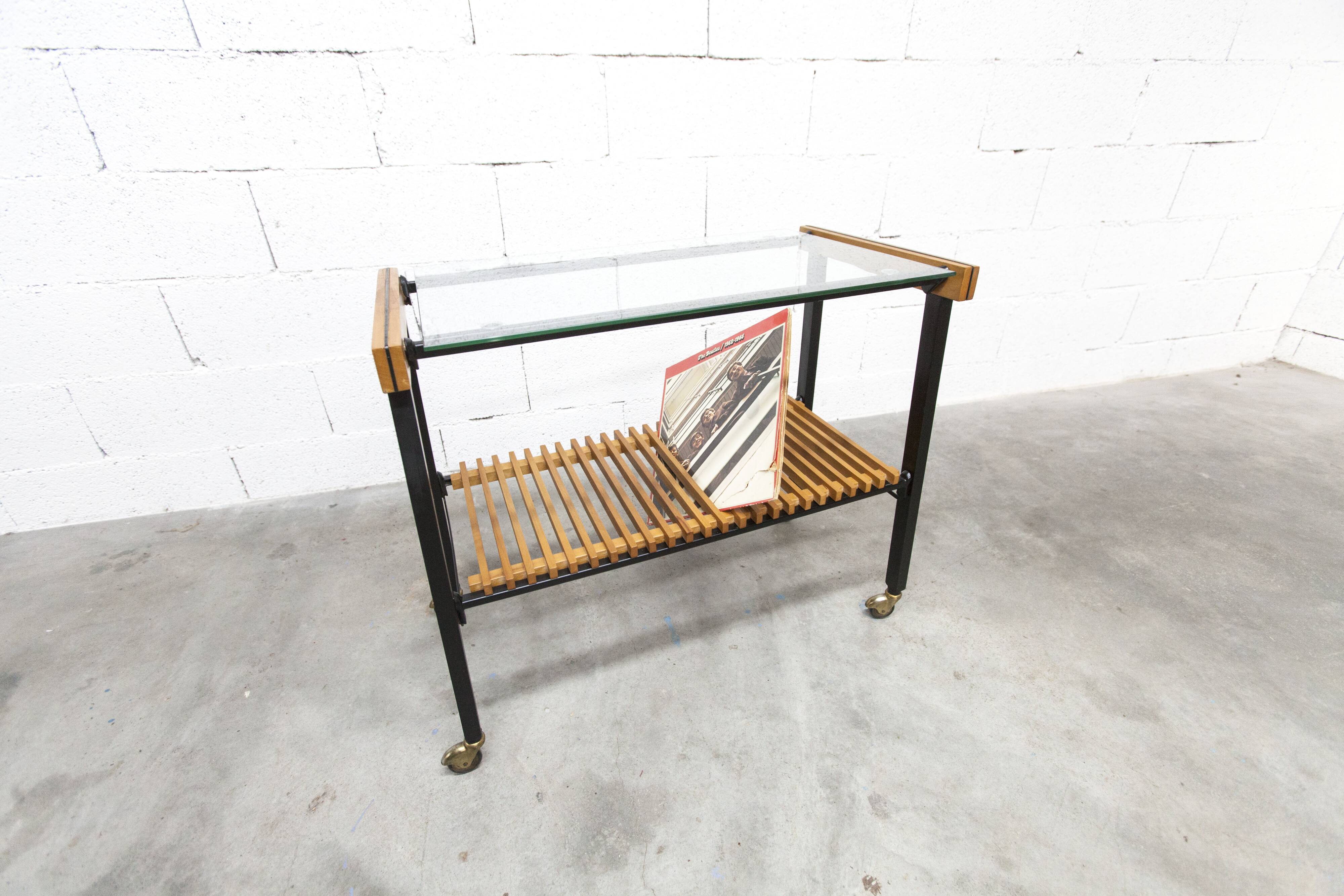 1960s serving cart, hi-fi cabinet on casters, teak, black metal, glass