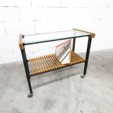 1960s serving cart, hi-fi cabinet on casters, teak, black metal, glass