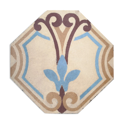 Carreau de faïence ancien épais forme octogonale motifs polychromes