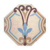 Antique earthenware tile, thick, octagonal shape, polychrome patterns