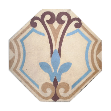 Antique earthenware tile, thick, octagonal shape, polychrome patterns