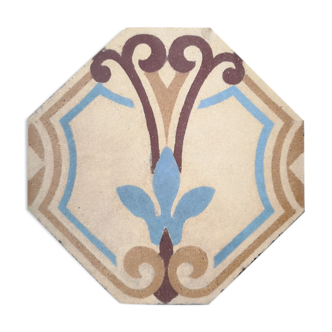 Antique earthenware tile, thick, octagonal shape, polychrome patterns