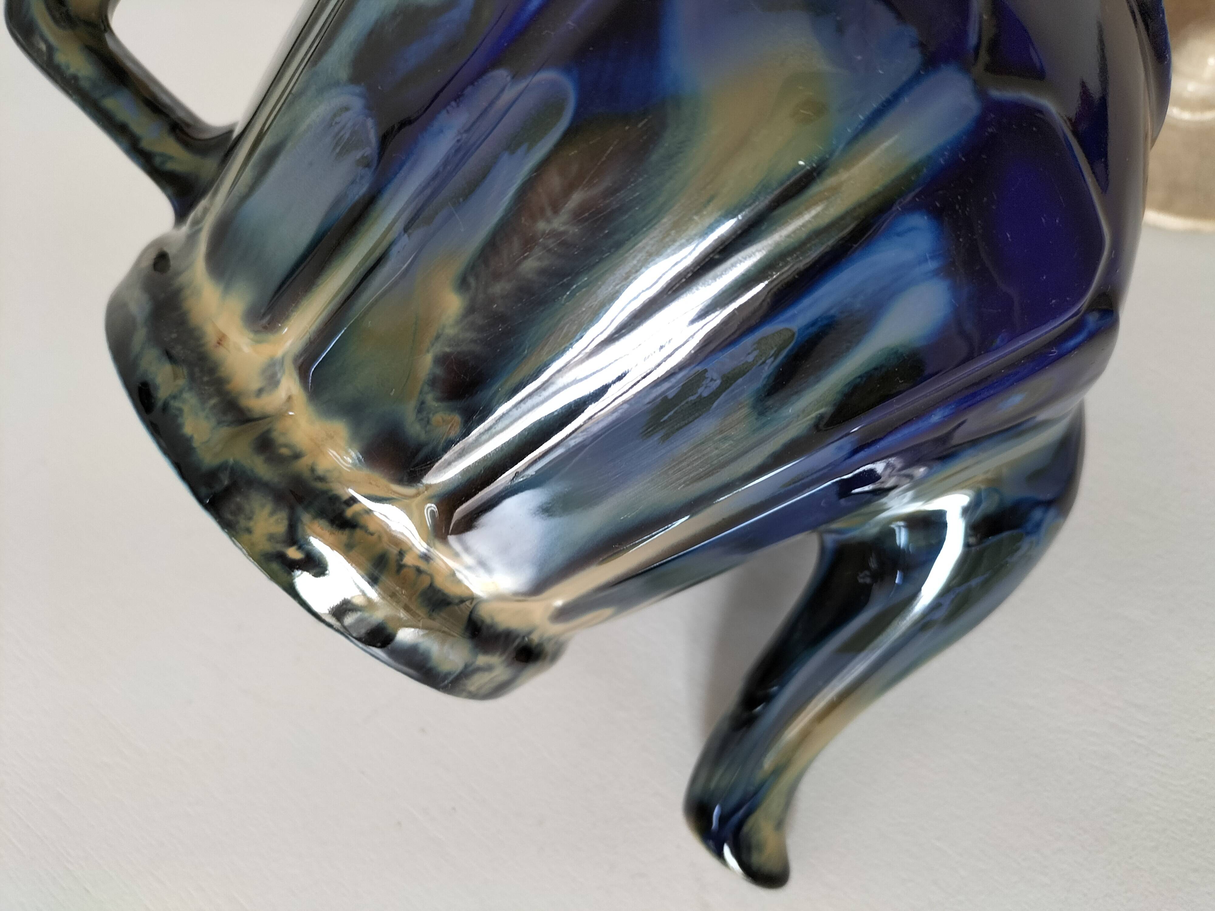 Midnight blue and flamed beige enameled ceramic filter coffee maker