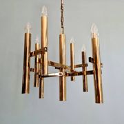 Geometric brass chandelier, Hollywood Regency, design by G. Sciolari, 1970.