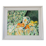 Joli tableau, huile sur carton, nature morte d'après Cézanne, Vert Orange