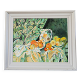 Beautiful painting, oil on cardboard, still life after Cézanne, Orange Green