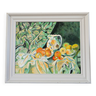Beautiful painting, oil on cardboard, still life after Cézanne, Orange Green