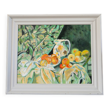 Beautiful painting, oil on cardboard, still life after Cézanne, Orange Green