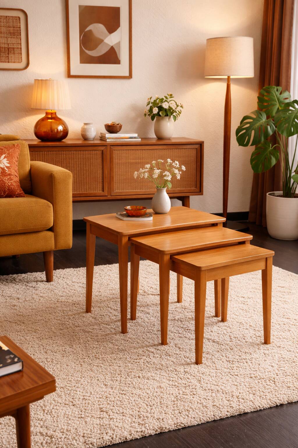 Vintage nesting tables 1960s, light wood coffee table, side table - 52 x 55 x 3.