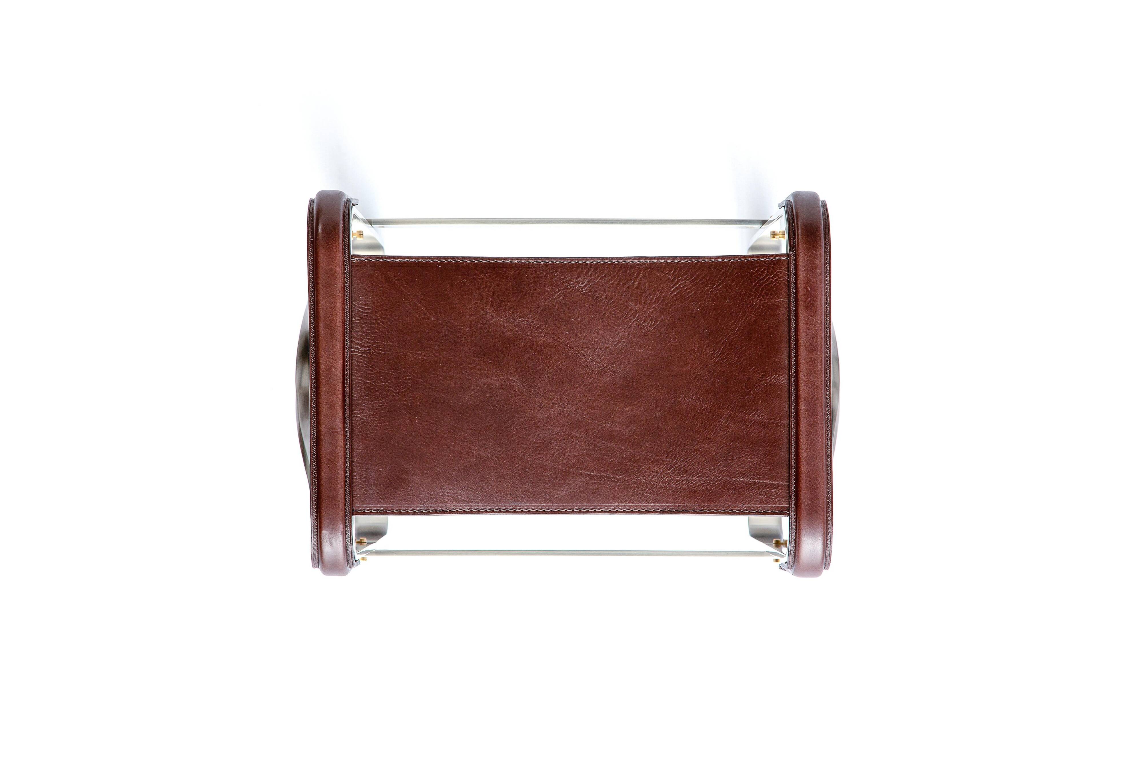 Contemporary Classic Bar Stool in Aged Silver Metal and Dark Brown Leather