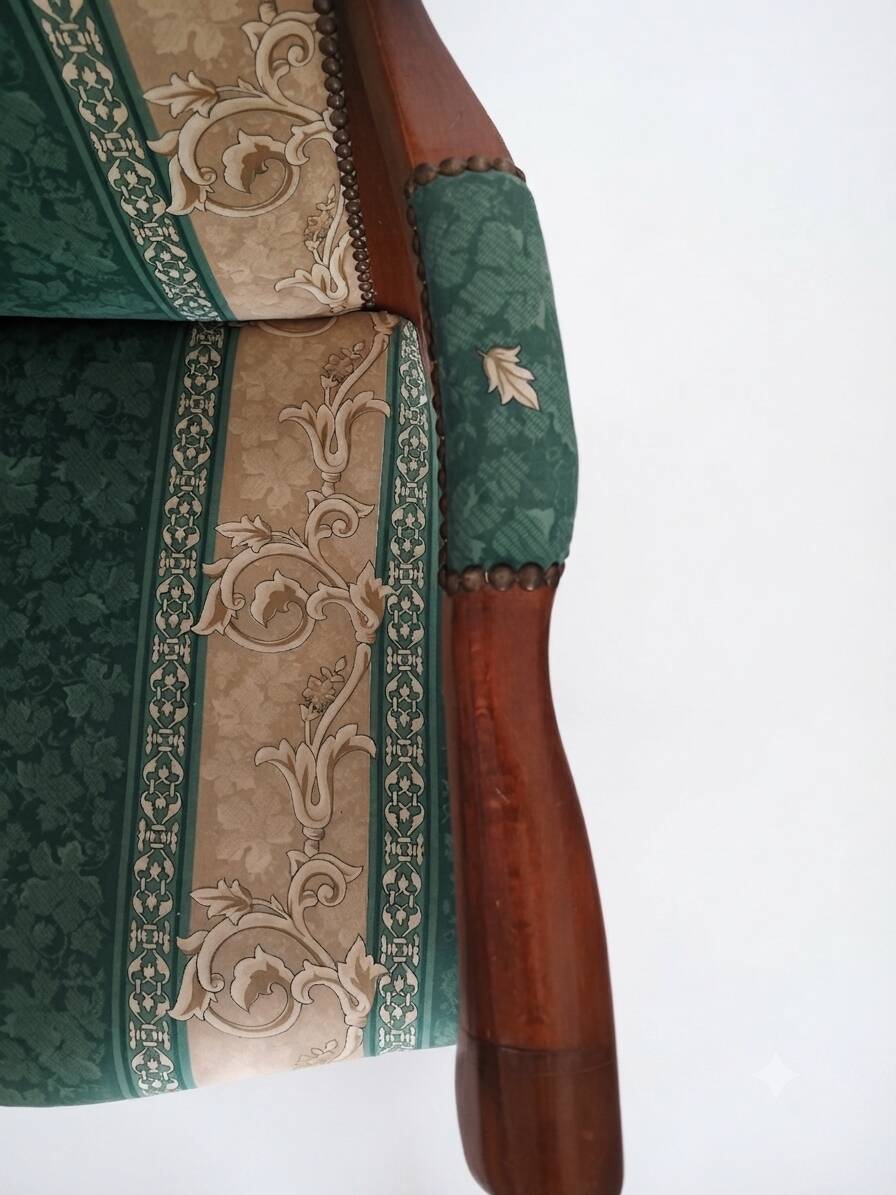Vintage Voltaire Armchair Green and Beige with Floral Patterns