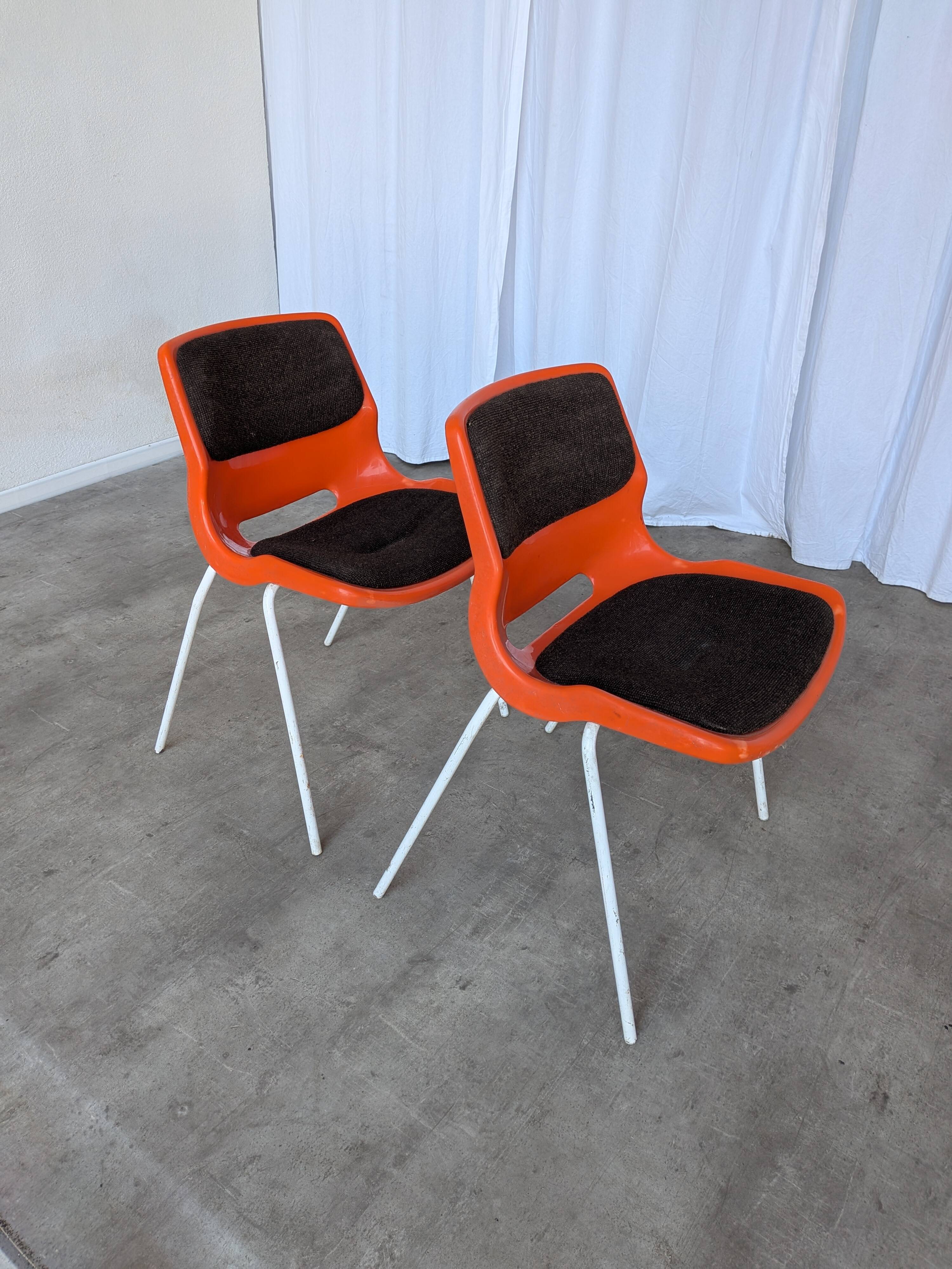 Vintage Overman Meblo Chairs: Orange & Brown Fabric, Stackable - Set of 2