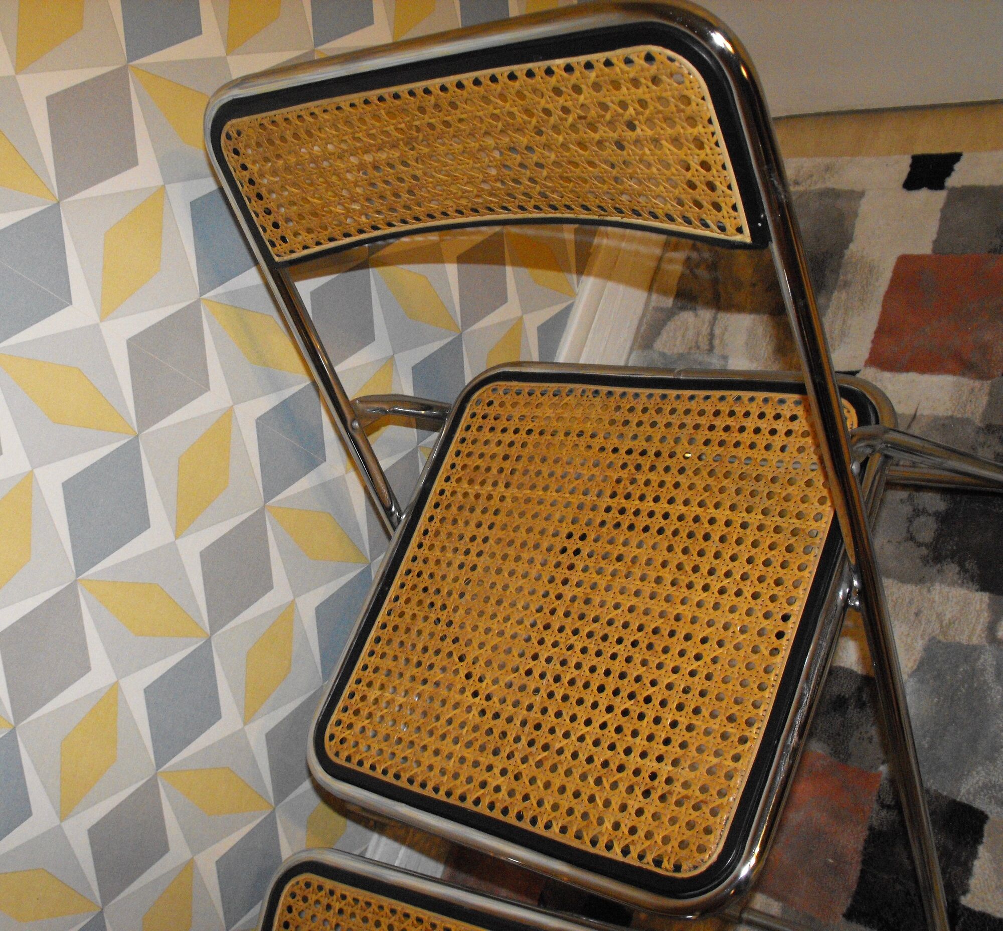 Pair of vintage folding chairs with caning 70