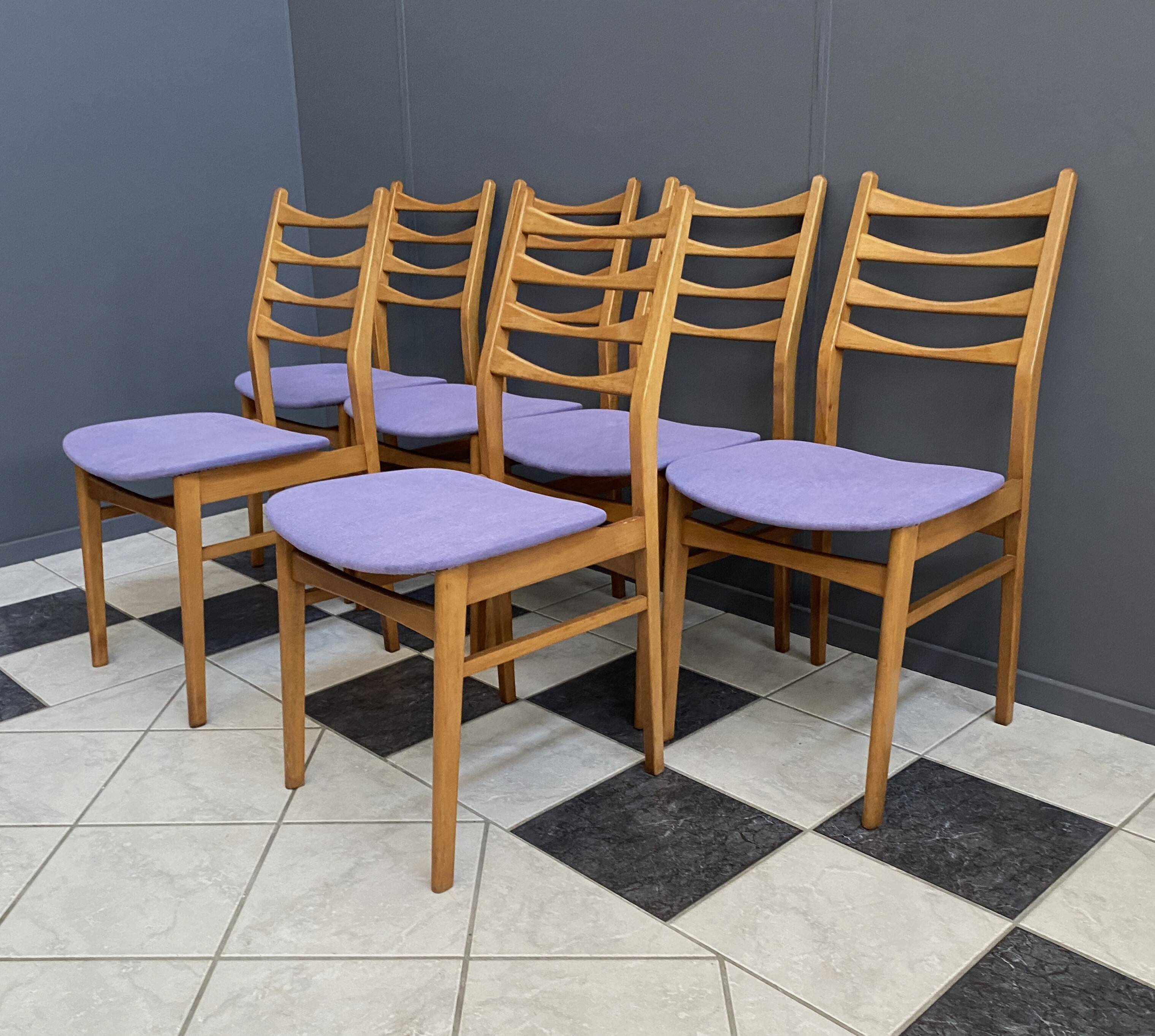 set of 6 kitchen chairs, wood and purple upholstery 1960s