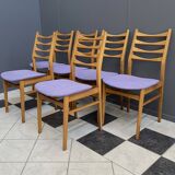 set of 6 kitchen chairs, wood and purple upholstery 1960s
