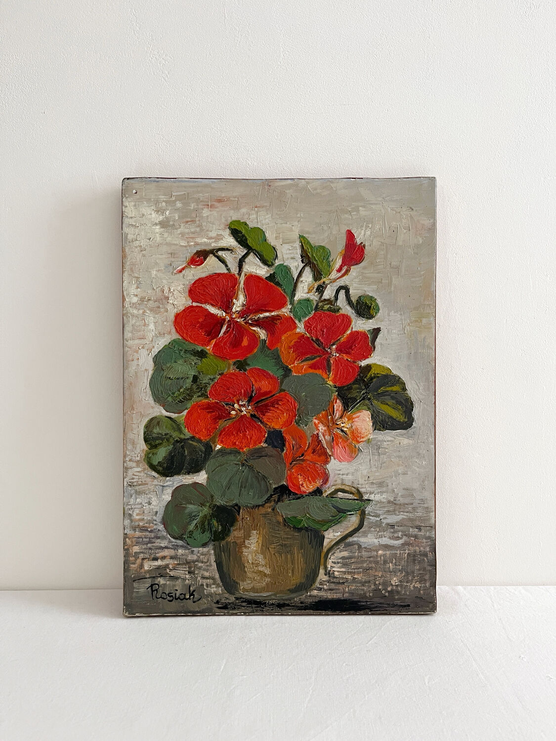 Peinture huile sur toile capucines fleurs vintage