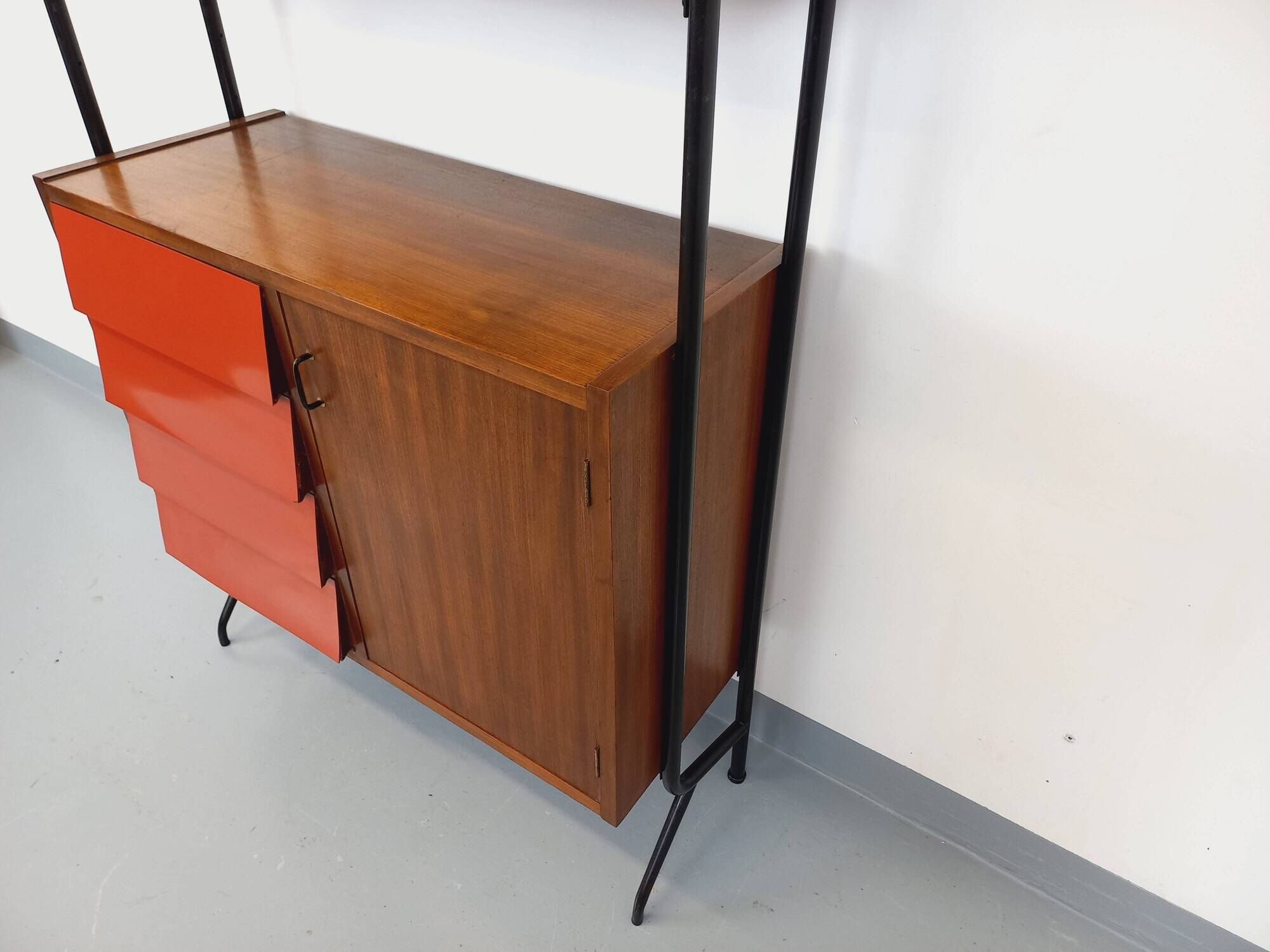 Vintage Italian modular bookcase in teak, metal and melamine