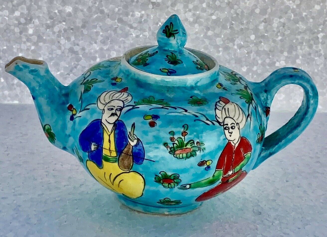 Antique ceramic teapot Asia minor musician's decoration turkey 1900 signed