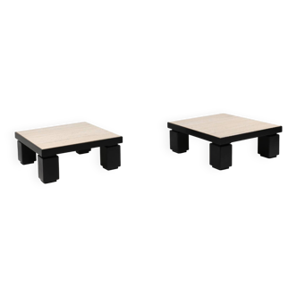 Set of 2 mid-century coffee tables in oak with travertine top