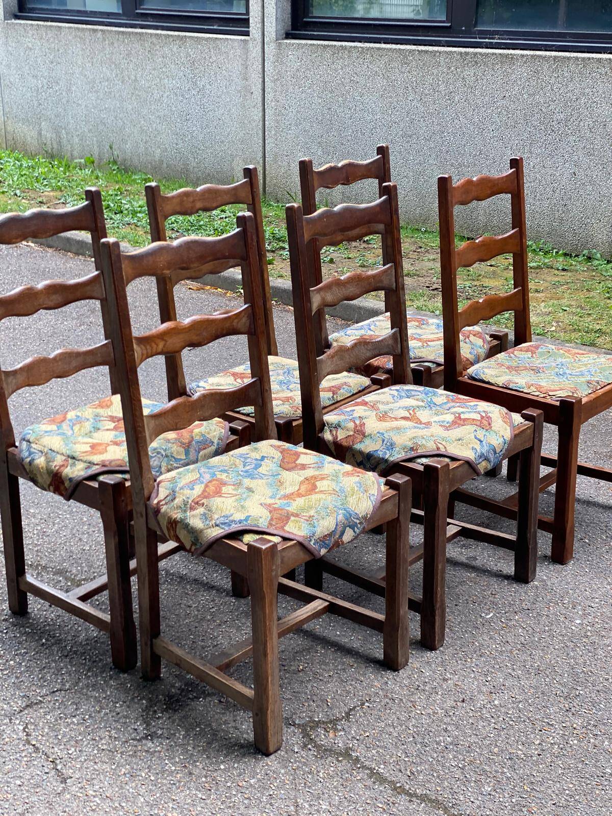6 solid wood chairs in dark oak and floral fabric