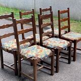 6 chaises bois massif chêne foncé et tissu fleurs