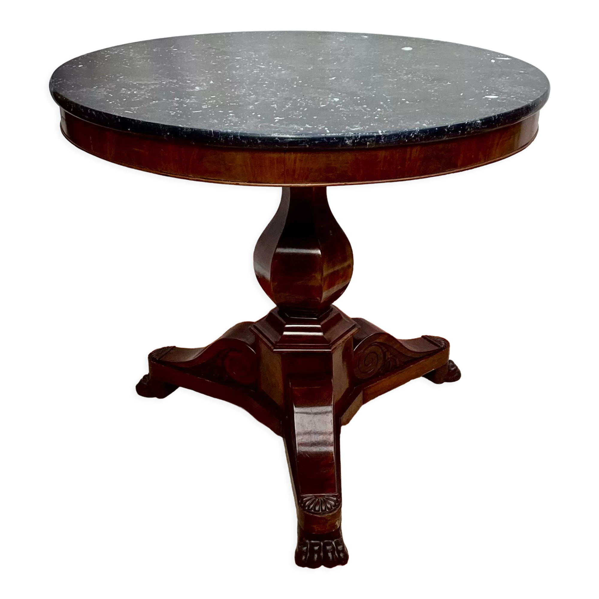 Old pedestal table in oak wood with marble
