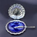 Set of 3 vintage shell butter dishes in stainless steel and cobalt blue glass