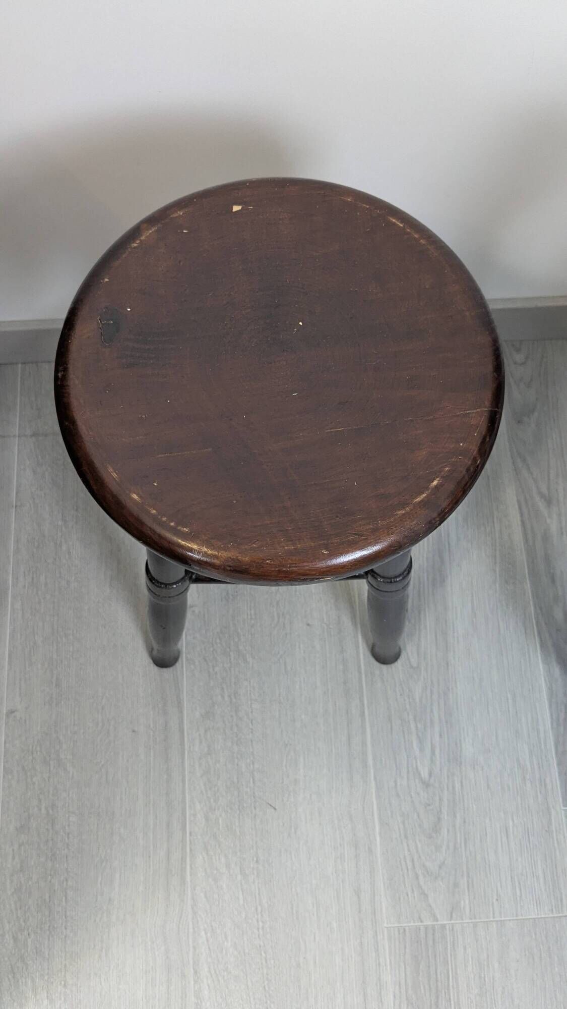 Old turned wooden bistro stool – dark brown patina
