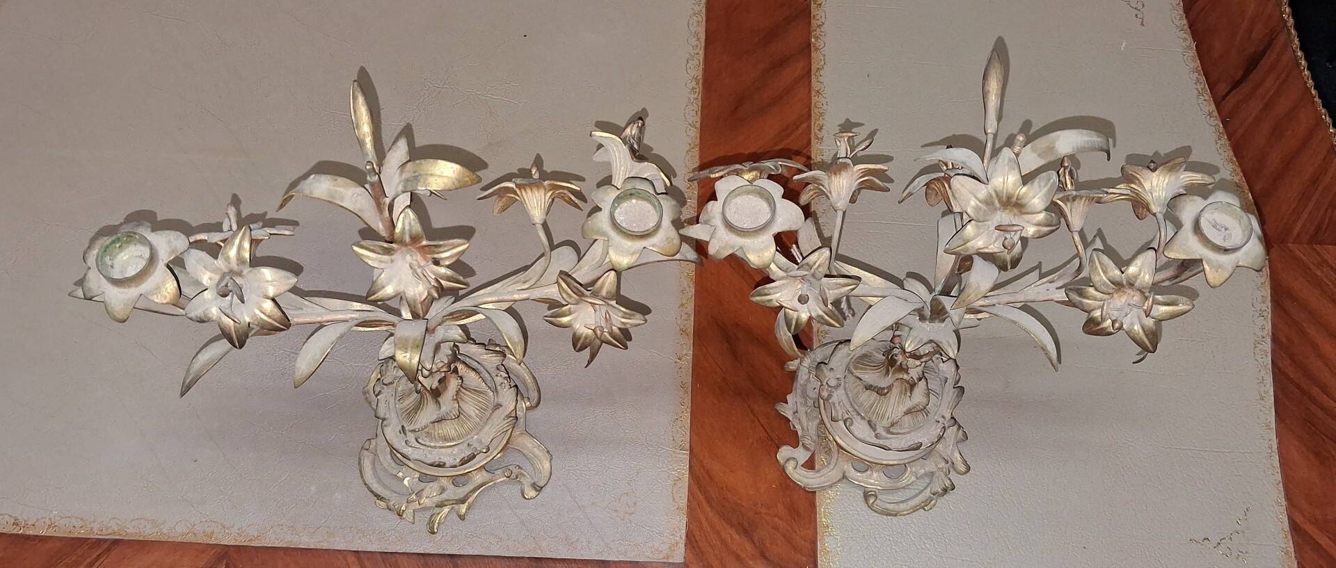 Pair of Louis XV Rocaille Style Candle Holders in Gilded Bronze and Marble