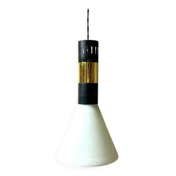 Hanging Light in Opaline Glass and Brass attributed to Stilnovo, 1950s