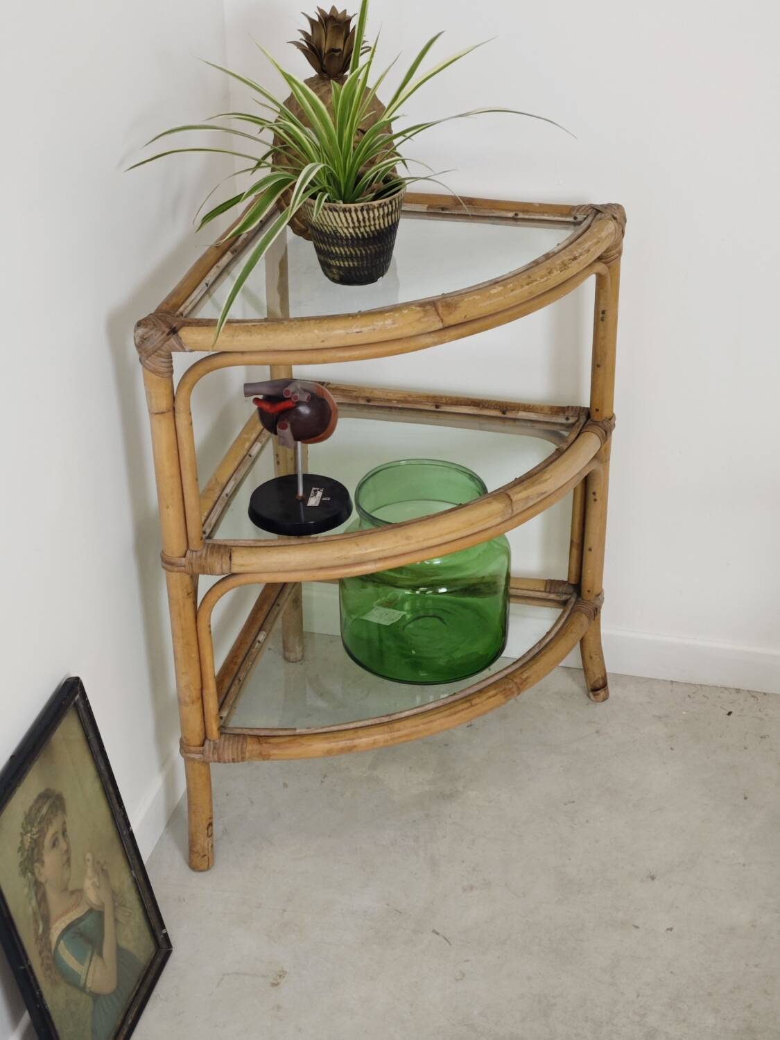Rattan and glass corner shelf 1970