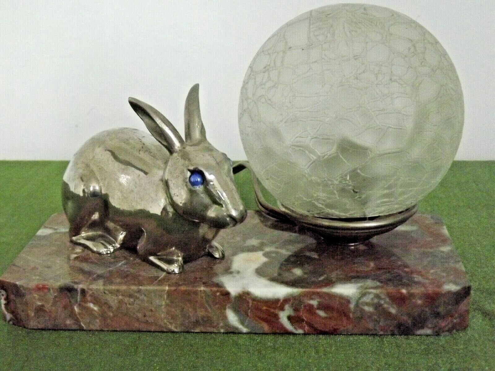French Art Deco Lamp Marble Base Silver Metal Rabbit Crackle Ball Shade 3365