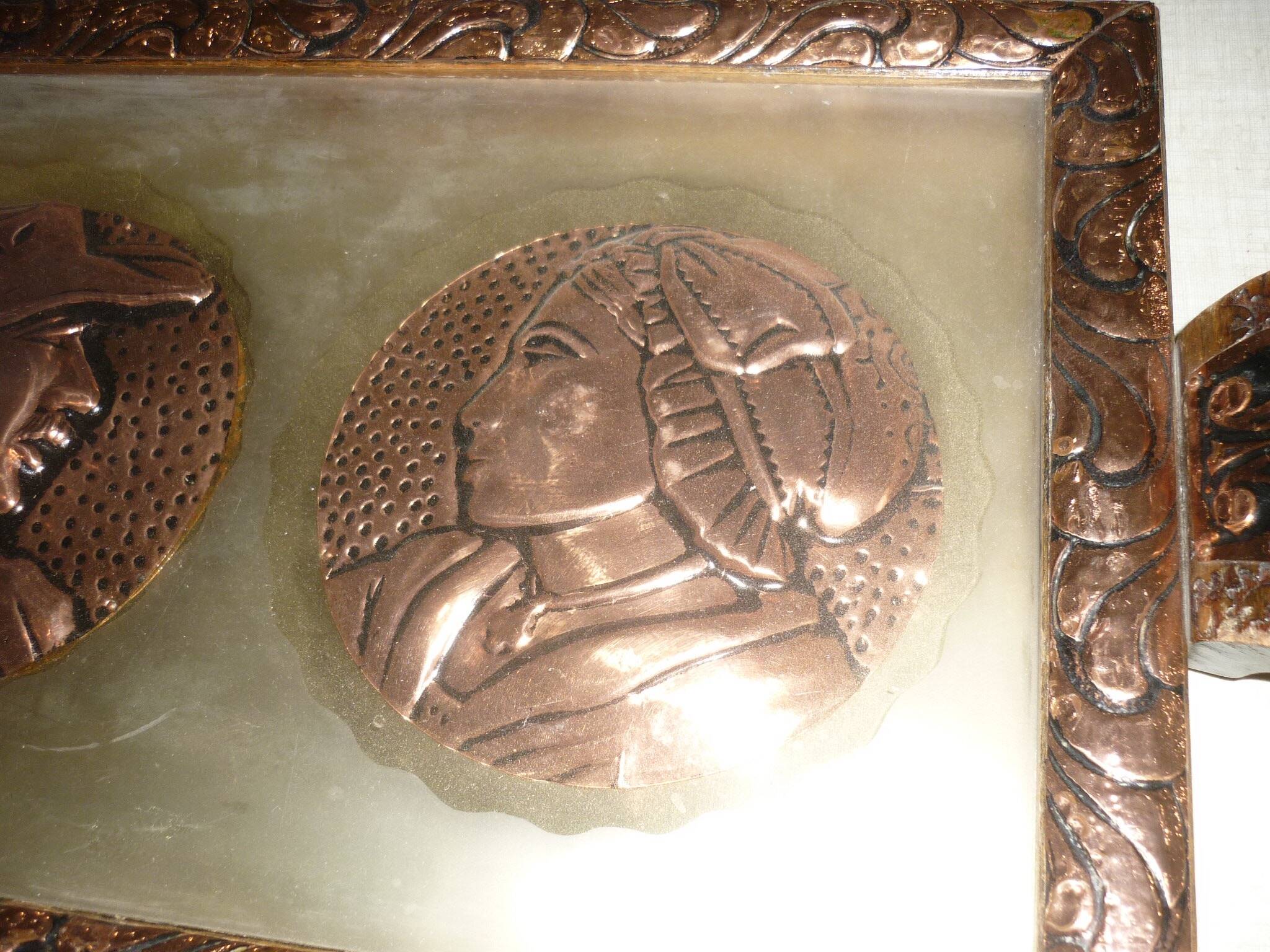 Serving tray in wood, copper and glazed 1950