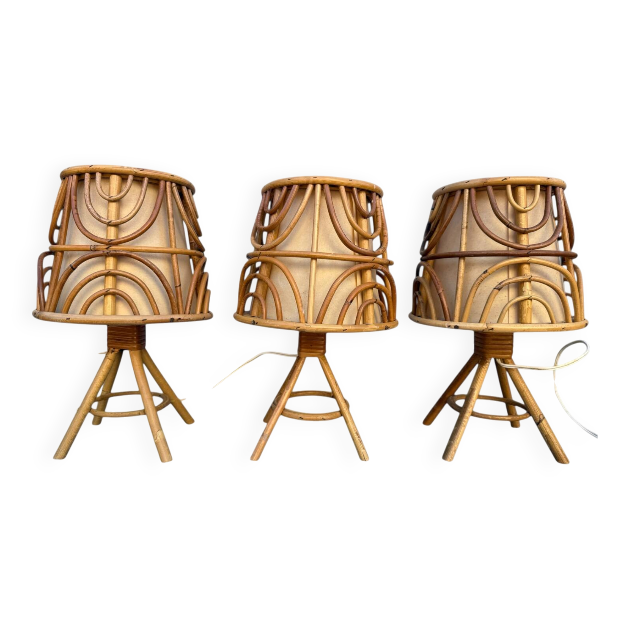 Set of 3 rattan lamps from the 1960s France