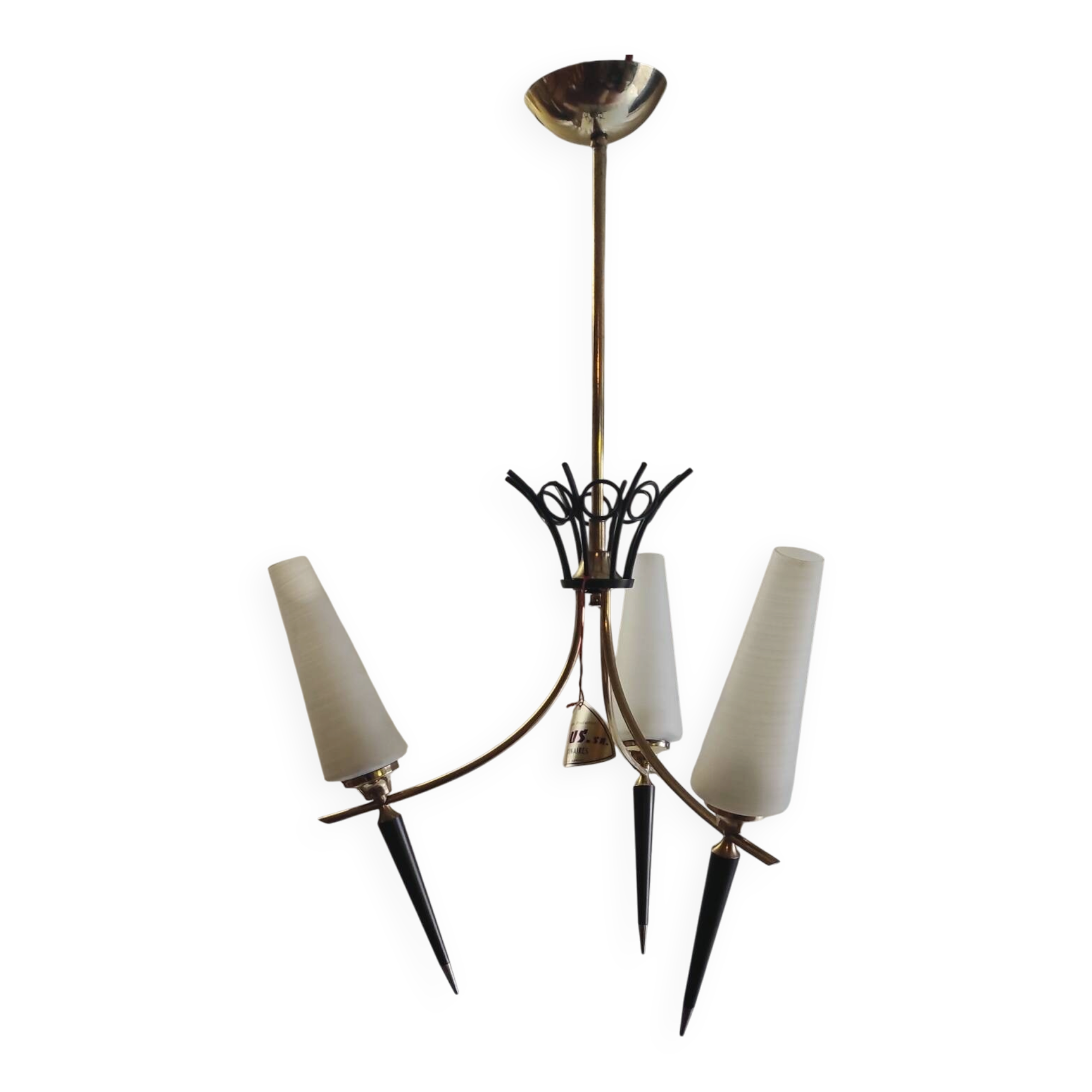 Modernist chandelier with 3 lights in gold and black metal, opaline tulip - 50s