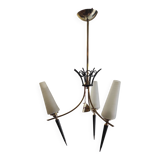 Modernist chandelier with 3 lights in gold and black metal, opaline tulip - 50s