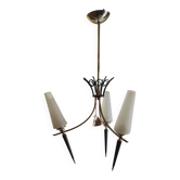 Lustre moderniste 3 feux en métal doré et noir, tulipe opaline - 50's