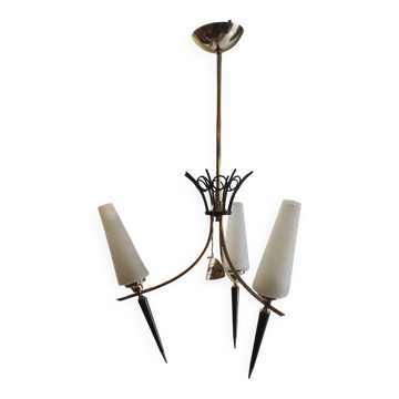 Modernist chandelier with 3 lights in gold and black metal, opaline shade - 50s