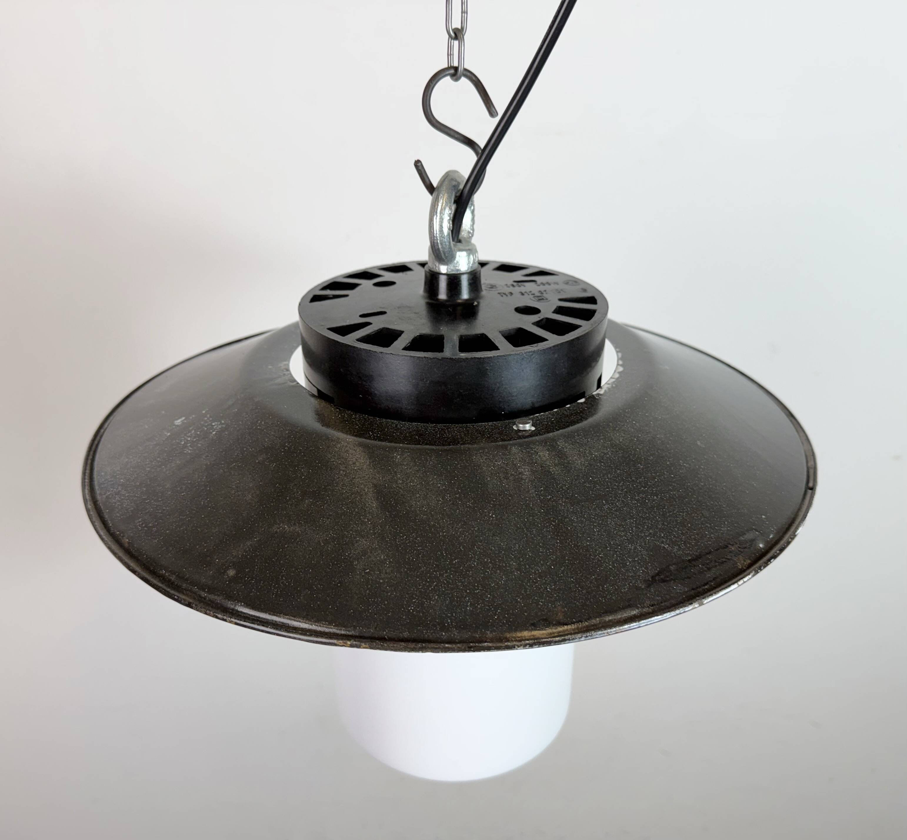Industrial Grey Enamel Pendant Lamp with Milk Glass, 1960s