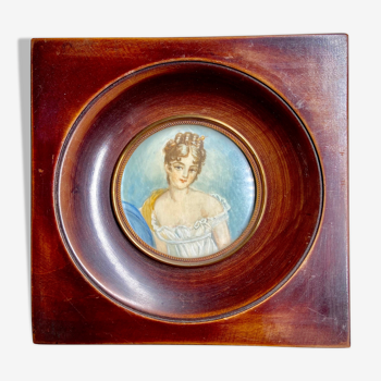 Portrait femme miniature dans cadre bois et laiton