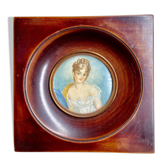 Portrait femme miniature dans cadre bois et laiton