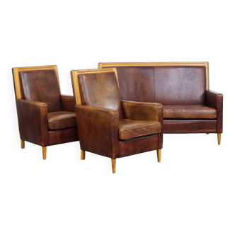 Complete Set Sheepskin Leather Art Deco Design Sofa and 2 Armchairs