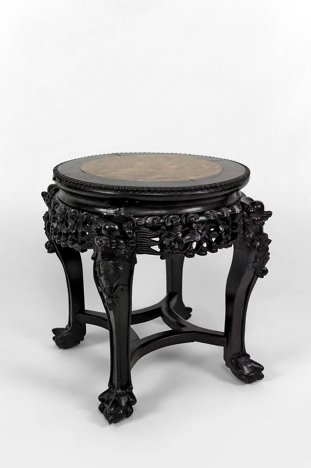 Asian wooden stand carved with Demons, marble top, Indochina, circa 1880