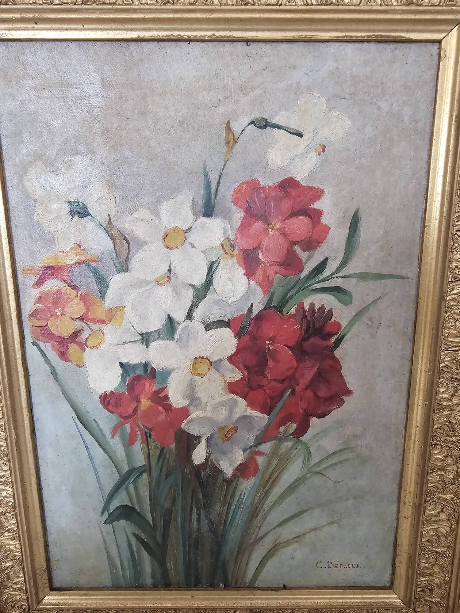 Oil on Canvas Painting - Still Life Flowers Bouquet with Dahlias Signed C D