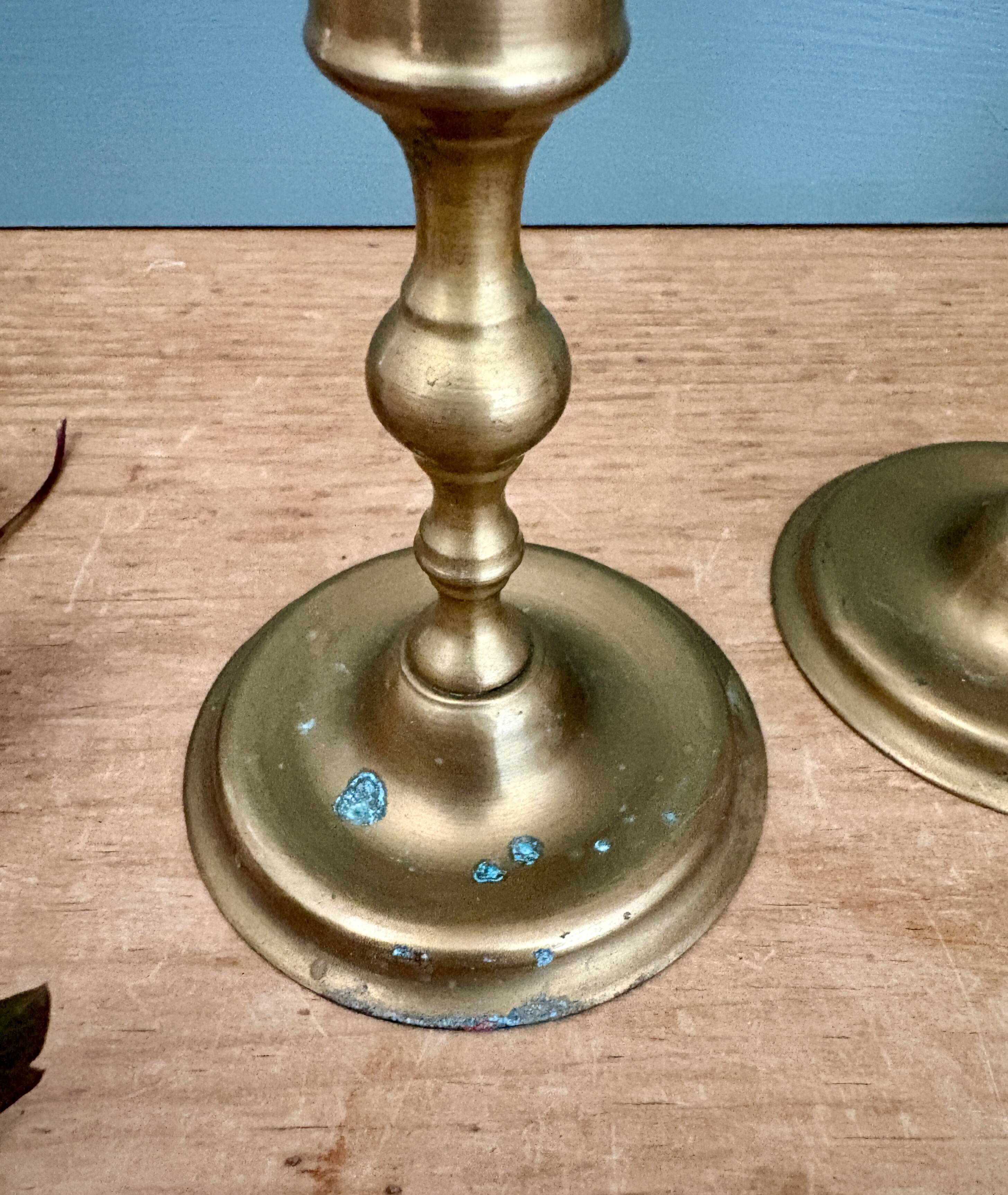 Set of 3 antique brass candle holders/candelabra.