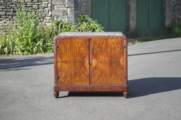 Buffet art déco 2 portes, meuble bois et marbre art déco