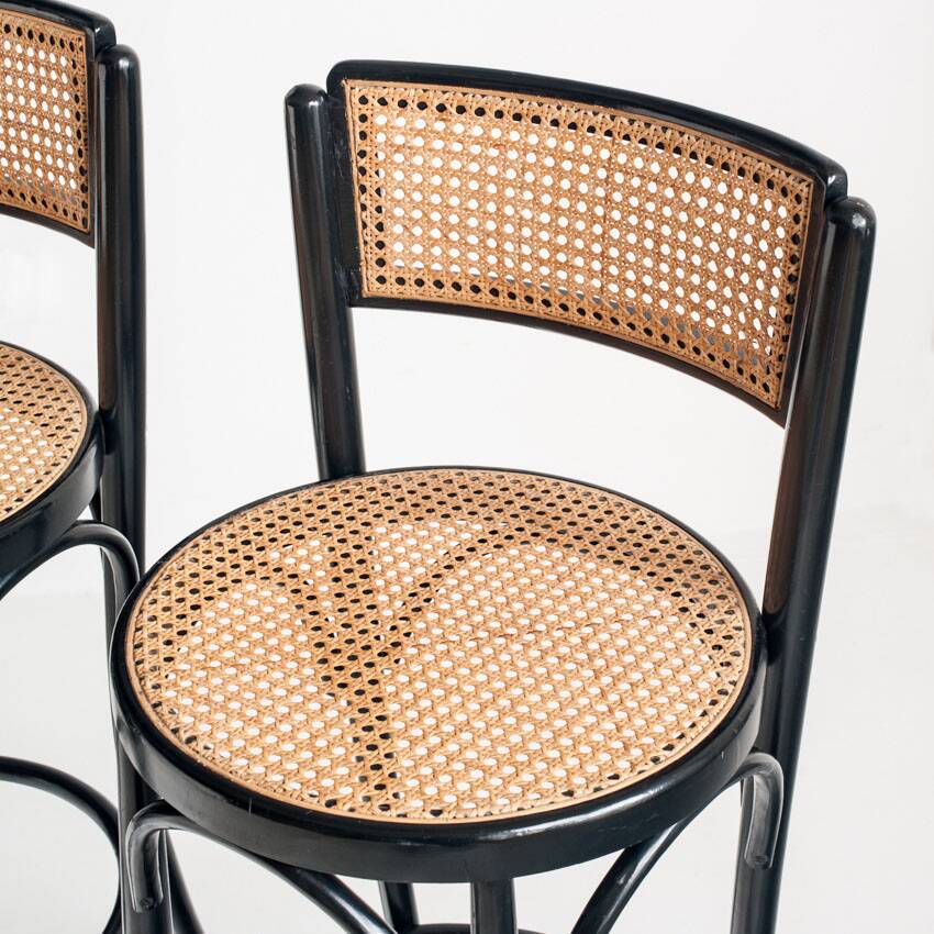 Set of 4 vintage high stools. Beech wood and cane. France, 90s