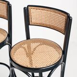 Set of 4 vintage high stools. Beech wood and cane. France, 90s