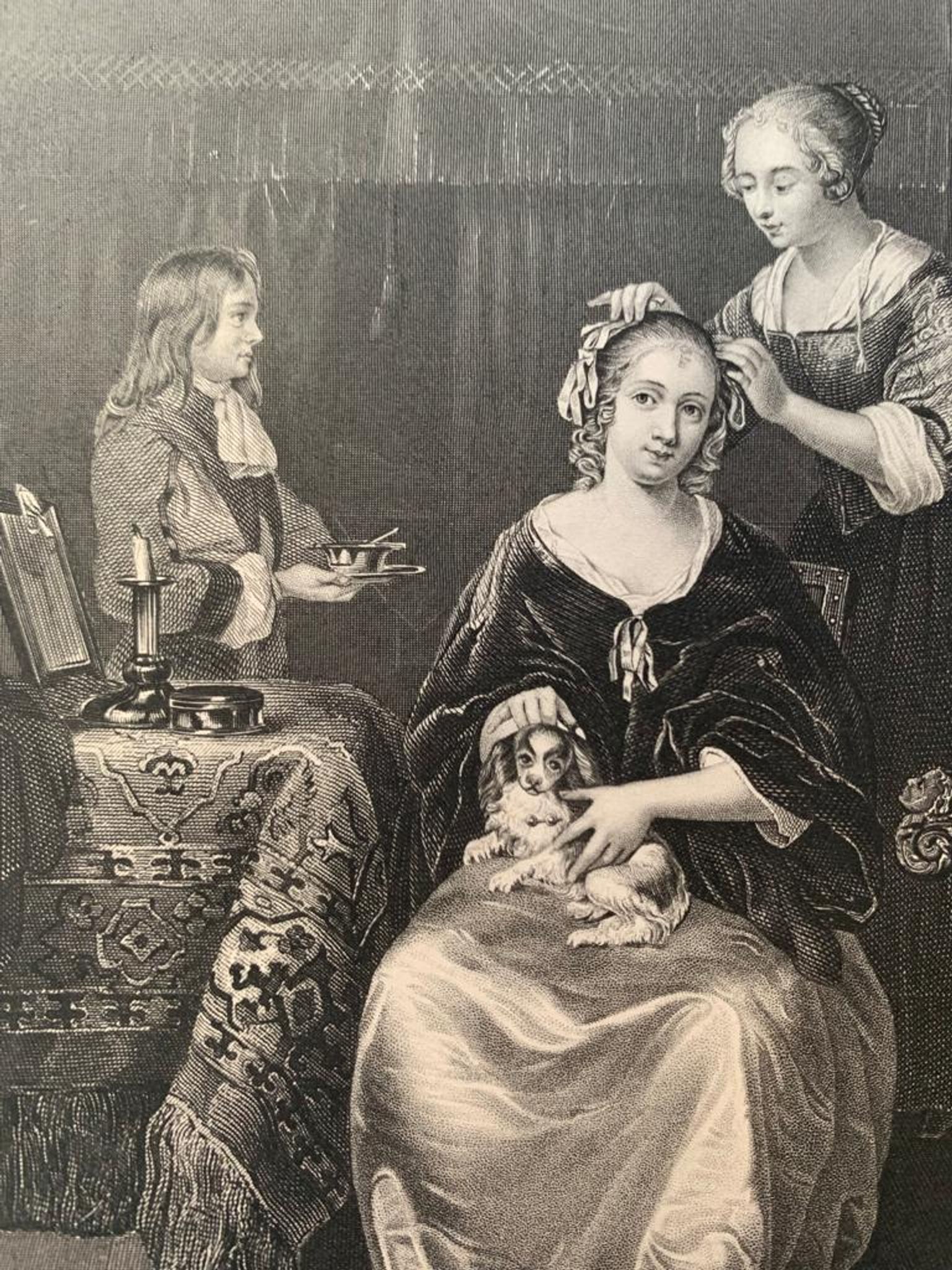 Casper Netscher, La toilette, gravure, XIXème siècle
