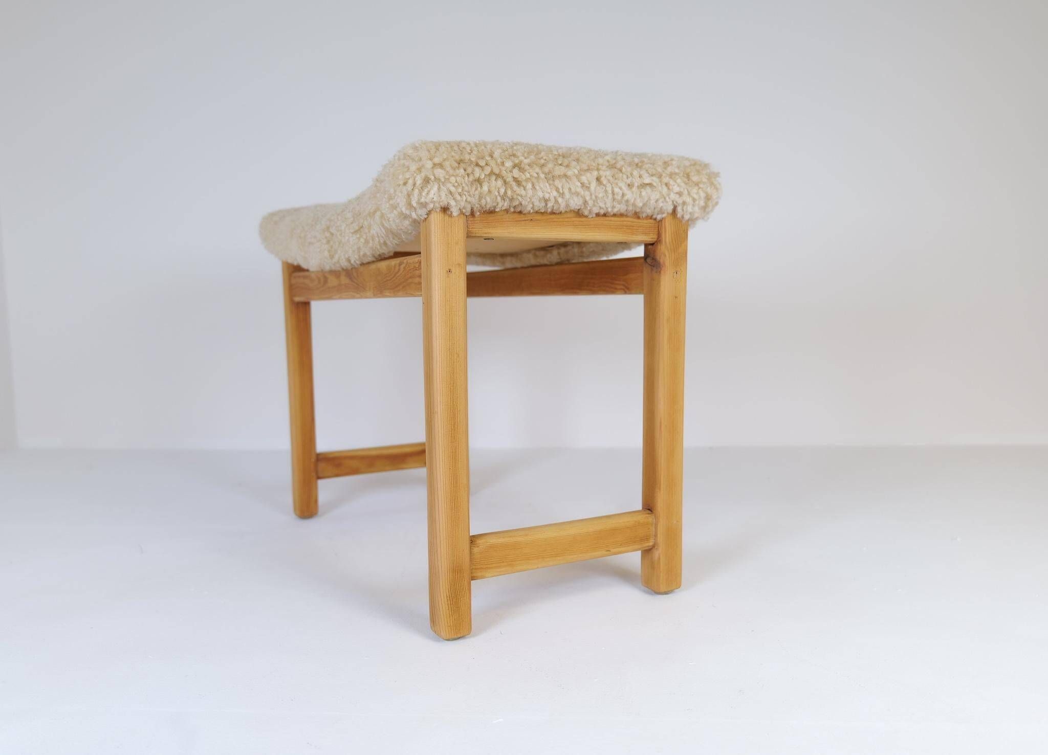 Modern Scandinavian stool in pine and sheepskin, Sweden, 1970s